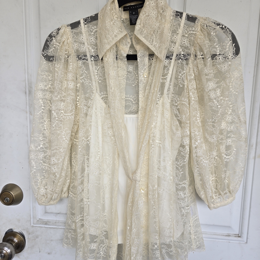 Robert Rodriguez Cream Sheer Embellished Blouse
